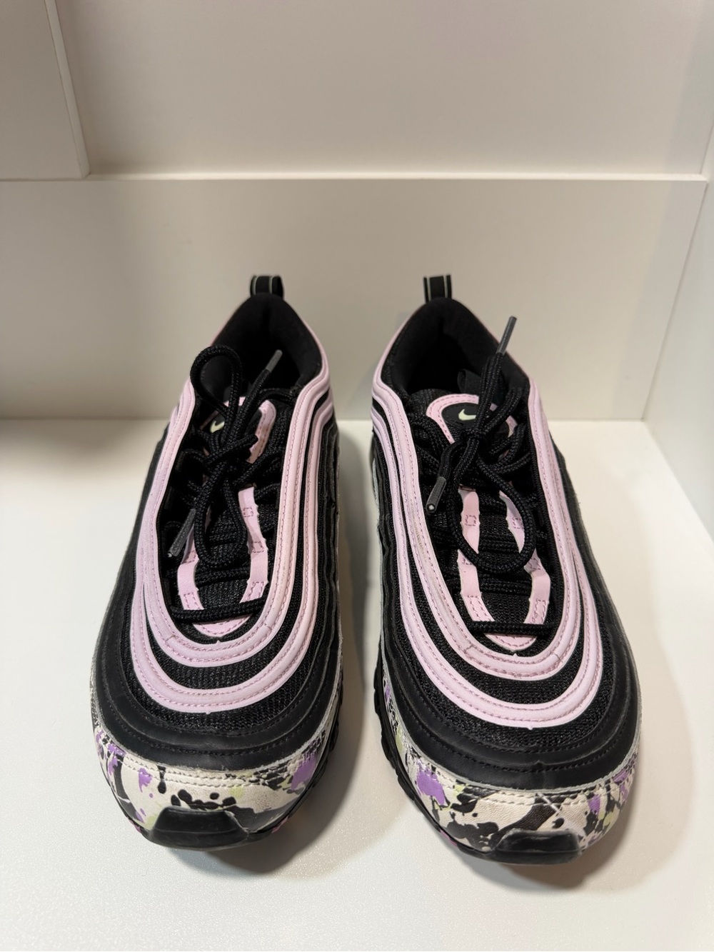 Nike Black and Light Pink Kids' Athletic Sneakers with Paint-Detail Toe